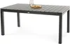 A rectangular outdoor dining table with a slatted gray top and black metal legs, set against a white background. Náhled obrázku produktu