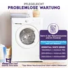 A washing machine with folded towels on top, next to a laundry basket. A graphic overlay provides information about washing instructions and required washing machine capacity for different sizes of the Essential White Series. Produktbild-Vorschau