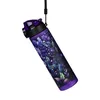 A purple water bottle with a floral pattern, hanging from a black strap. Voir les images du produit