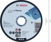 A Bosch cutting disc for metal is shown with dimensions and safety symbols. Podgląd zdjęcia produktu