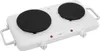 A white double electric hot plate with two black heating elements, red indicator lights, and silver knobs. Náhled obrázku produktu