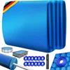 A rolled-up blue solar pool cover is shown, along with smaller pool covers, and accessories like scissors and grommets. Produktbild-Vorschau