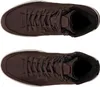 A top-down view of two brown high-top sneakers with white soles and black fur lining. Voir les images du produit