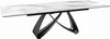 A rectangular dining table with a white marble-like ceramic top and a black metal base with a unique, curved design. Produktbild-Vorschau