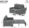 Diagrams showing the dimensions of a gray sofa bed in its different configurations. Voir les images du produit