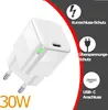 A white USB-C charger with informational graphics and text on a split background. Produktbild-Vorschau