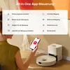 A person is holding a smartphone, interacting with an app that controls a robot vacuum cleaner and its base station. The image highlights various app features for controlling the robot. Produktbild-Vorschau