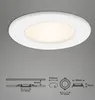 A white LED ceiling light with a light yellow illuminated center, shown against a light gray background. Below the light are technical diagrams with measurements. Produktbild-Vorschau