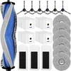 A collection of cleaning accessories for a robot vacuum cleaner, including a main brush, dust bags, mop pads, filters, and side brushes, laid out on a white background. Produktbild-Vorschau