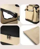 Collage of four close-up images showing details of a beige fabric dog transport box. Anteprima dell’immagine prodotto