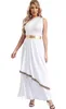 A woman wearing a white Greek goddess costume with a gold belt and decorative trim on the skirt, posing against a white background. Produktbild-Vorschau