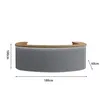 A curved reception desk with a textured gray base and a wooden top, shown with dimensions indicated. Produktbild-Vorschau