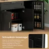 A close-up view of a black sideboard with its doors open, revealing storage compartments and shelves filled with jars and containers. A text overlay describes the product's features. Náhled obrázku produktu