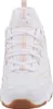 A close-up, front-facing view of a white Skechers D'Lites sneaker with tan accents and a brown sole. Produktbild-Vorschau