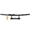 A black katana sword displayed on a black wooden stand against a white background. Produktbild-Vorschau