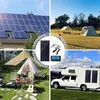 Collage of images showing solar panels on a house, camping setup, and on an RV. Produktbild-Vorschau