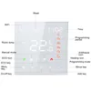 A digital thermostat display with labels pointing to various functions and icons. Produktbild-Vorschau