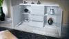 A white sideboard with black accents and LED lighting, displayed in a room setting. Produktbild-Vorschau