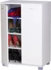 A white shoe cabinet with its door open, revealing shelves filled with shoes and folded fabric. Náhled obrázku produktu