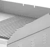 A close-up view of a stainless steel grill surface with raised ridges and a splash guard. Náhled obrázku produktu