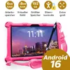 A pink tablet with a stylus, displaying a city skyline on its screen, with feature callouts at the top and a large "Android 16" graphic at the bottom right. Produktbild-Vorschau