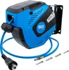 A blue and black retractable air hose reel mounted on a bracket, with a blue hose and connectors extending from it. Several screws or anchors are also visible in the foreground. Produktbild-Vorschau