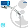 A close-up of a chrome shower head connection with a blue informational overlay. Produktbild-Vorschau