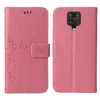 A pink floral flip phone case for a Xiaomi Redmi Note 9 Pro is shown from the front and back. Produktbild-Vorschau