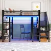 A loft bed with a desk and shelves underneath, illuminated by blue LED lights. Podgląd zdjęcia produktu