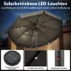A solar-powered LED umbrella at night, with close-up insets showing the solar panel, an LED light, and a switch. Anteprima dell’immagine prodotto