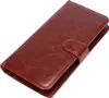 A brown leather-look wallet case for a phone is shown on a white background. Produktbild-Vorschau