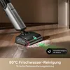 A wet-dry vacuum cleaner is shown cleaning up a spill on a wooden floor, with green laser lines indicating the cleaning path. Produktbild-Vorschau