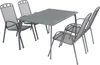 A gray metal garden table and four chairs set against a white background. Produktbild-Vorschau