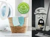 A split image showing a laundry basket with cleaning cloths on the left and a trash can with a cartoon face and money on the right. Produktbild-Vorschau