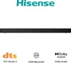 A black soundbar is displayed centrally on a white background, with brand and feature logos below. Voir les images du produit