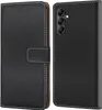 A black flip-style phone case is shown, with the front cover closed on the left and the back of the phone case on the right. Produktbild-Vorschau