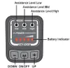 A diagram of an e-bike display panel showing assistance levels, battery indicator, and control buttons. Produktbild-Vorschau