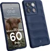 A dark blue phone case for a Motorola Edge 60 Pro is shown from the front and back, with the phone screen displaying a wallpaper. Produktbild-Vorschau