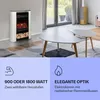 A living room scene featuring an electric fireplace and coffee tables, with marketing text overlays. Produktbild-Vorschau