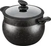 A black speckled pot with a glass lid and black handles, isolated on a white background. Produktbild-Vorschau