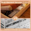 A collage showing two different storage solutions for a bed: one with a large under-bed storage space and another with drawers. Produktbild-Vorschau