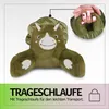 A plush dinosaur-shaped reading pillow with a close-up inset showing a hand holding the carrying strap. Podgląd zdjęcia produktu