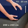 Hands are shown adjusting a navy blue fitted sheet on a mattress. Produktbild-Vorschau