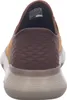 The back view of a brown and tan Skechers slip-on sneaker. Voir les images du produit