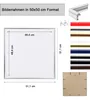 A diagram showing the dimensions of a picture frame, along with various color options for the frame and a view of the back of the frame. Produktbild-Vorschau