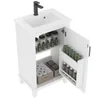 A white bathroom vanity with a sink and faucet, showing its interior storage compartments filled with various products. Náhled obrázku produktu