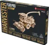 The image shows the packaging for a 3D wooden mechanical model construction kit of a harvester. Podgląd zdjęcia produktu