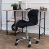 A black office chair is placed in front of a wooden desk with shelves. Produktbild-Vorschau