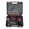 A black and red cordless drill set in an open black case, with various drill bits and accessories laid out. Produktbild-Vorschau
