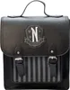 A black backpack with a crest and striped front pocket. Produktbild-Vorschau
